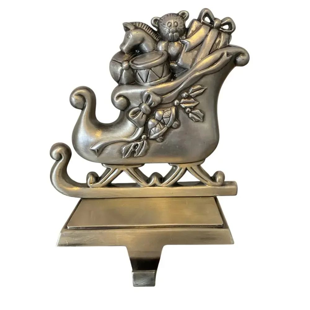 Set of 2 Santa's Sleigh Pewter Finish Christmas Stocking Hanger Hook Santa Claus